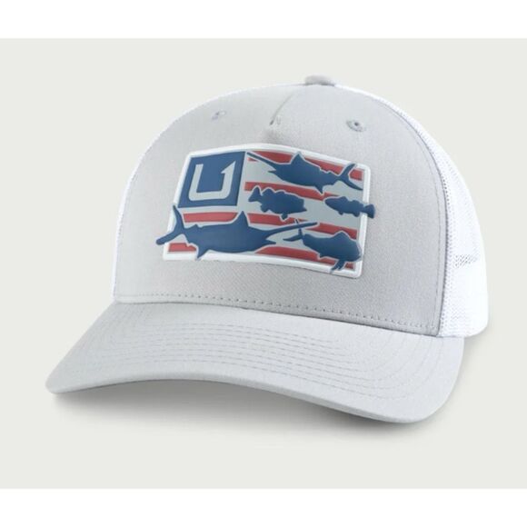 Huk TROPHY FLAG TRUCKER HAT in Harbor Mist / New With Tags - Picture 1 of 4